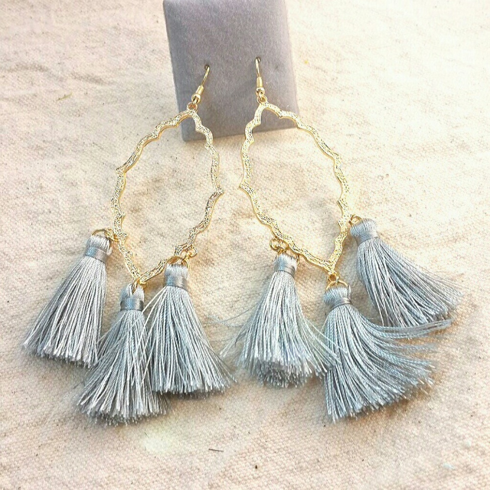 NEW Silver Grey Tassle Moroccan Big Earrings NWT